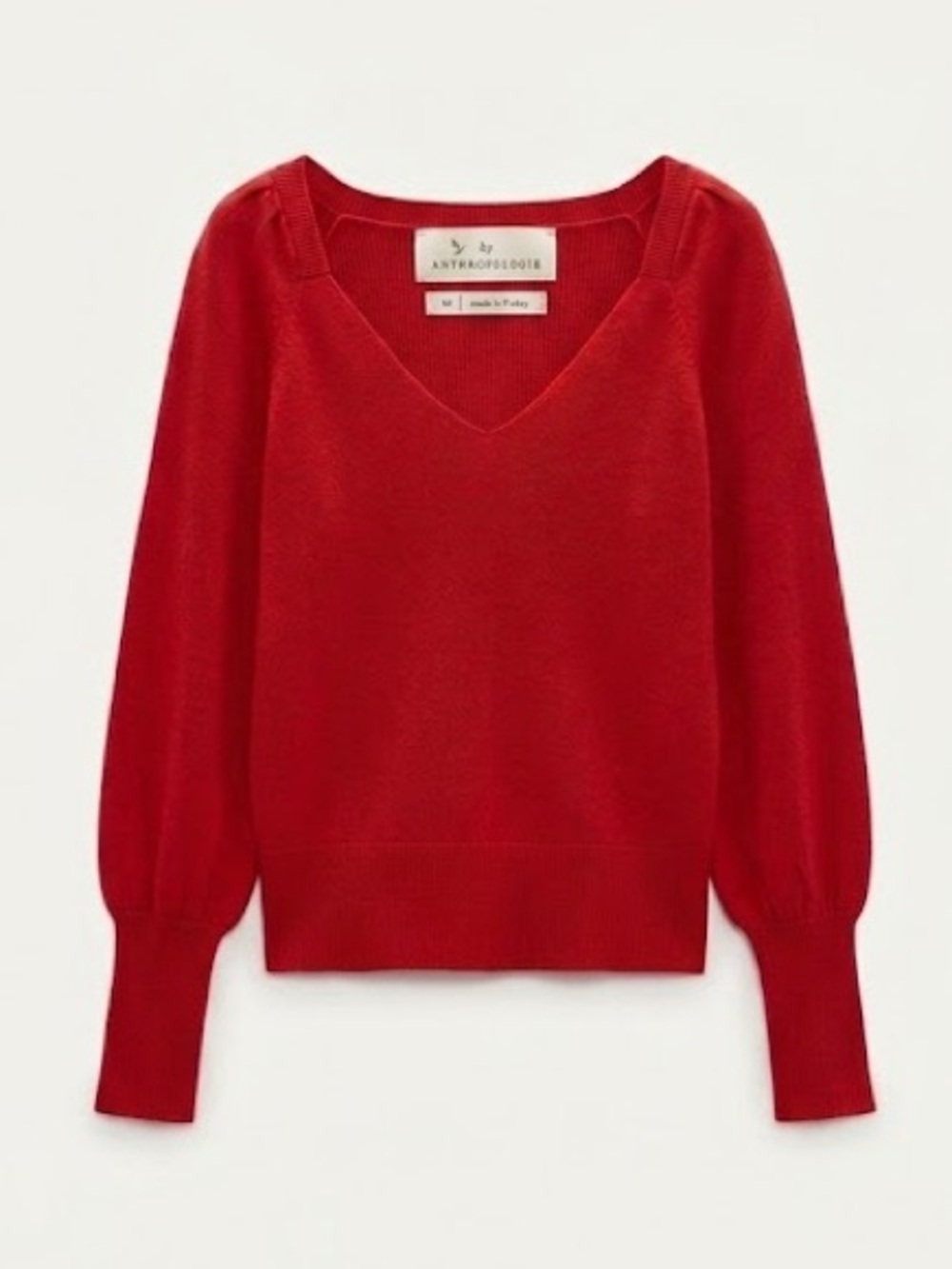 Anthropologie Red V-Neck Puff Sleeve Sweater